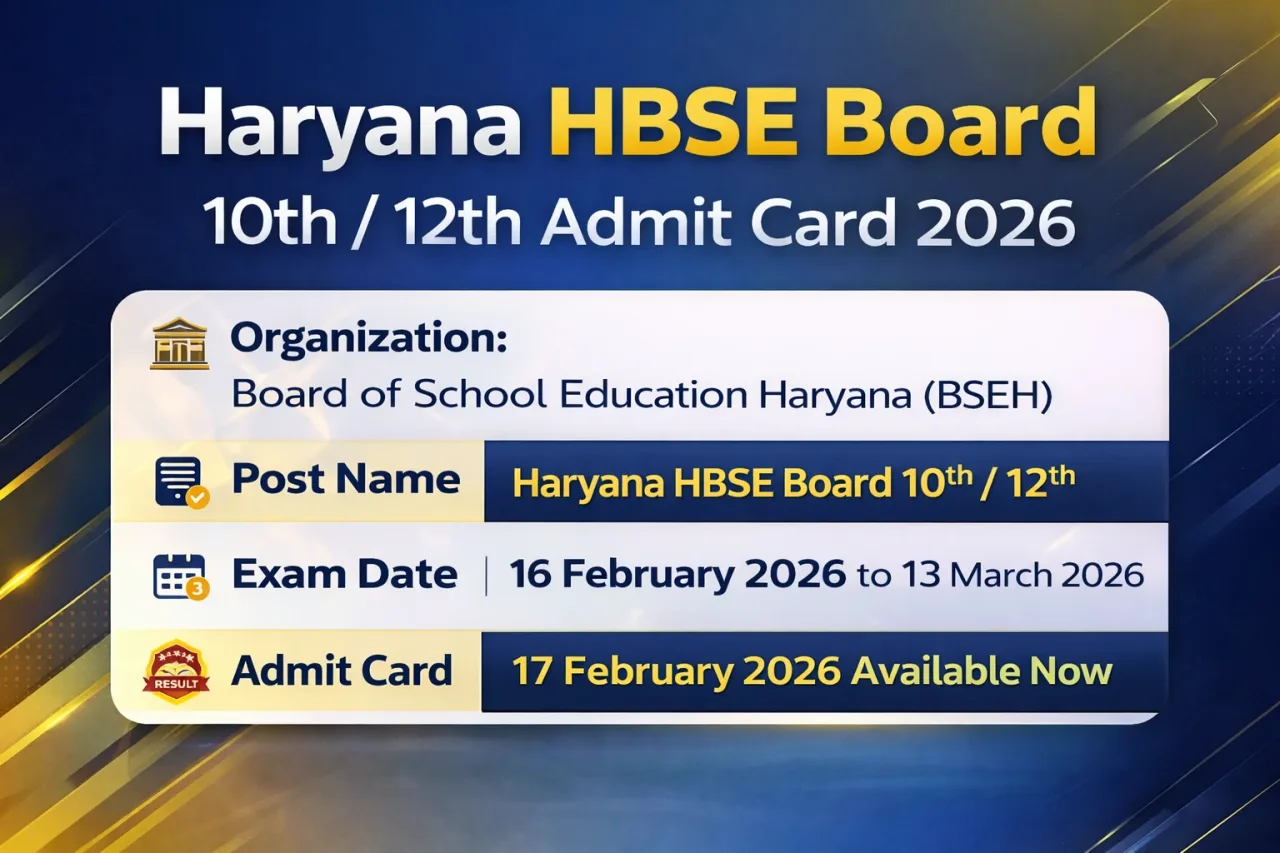Haryana HBSE Board 10th / 12th Admit Card 2026
